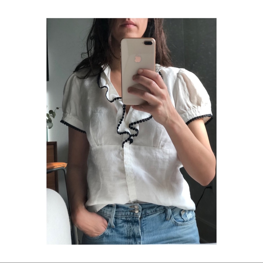 White linen top with black embellished trim - NWOT
